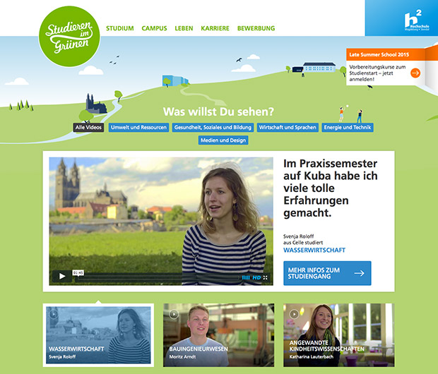 Ansicht der neuen Webseite Studieren im Grünen der Hochschule Magdeburg-Stendal