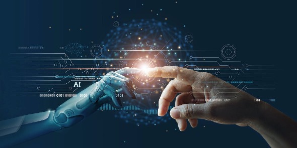 Das Bild zeigt die Hand eines Roboters und eines Menschen, die sich mit dem Zeigefinger berühren.